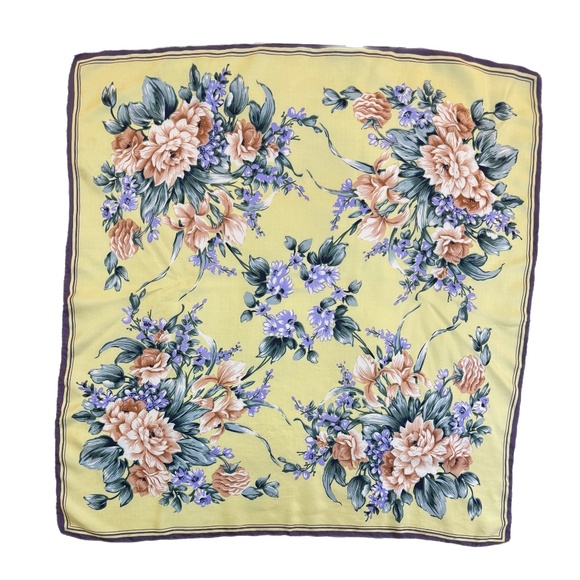 Vintage Hand Rolled Silk Scarf – Yellow Floral with Peach & Lavender Flowers - Picture 4 of 9